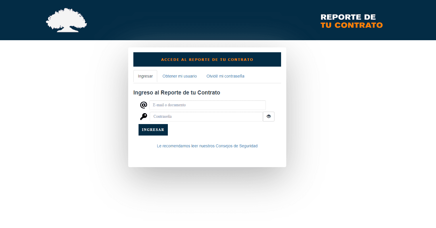 Pantalla de ingreso al Reporte de tu Contrato